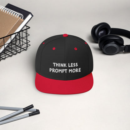 AI engineer snapback cap in black and red with white embroidered text reading Think Less Prompt More on structured flat brim cap