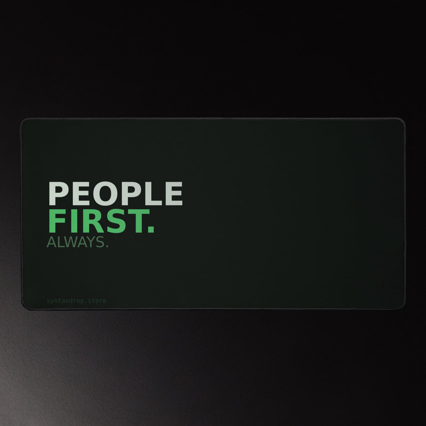 HR professional desk mat on dark green-black background with bold white and emerald green typographic design
