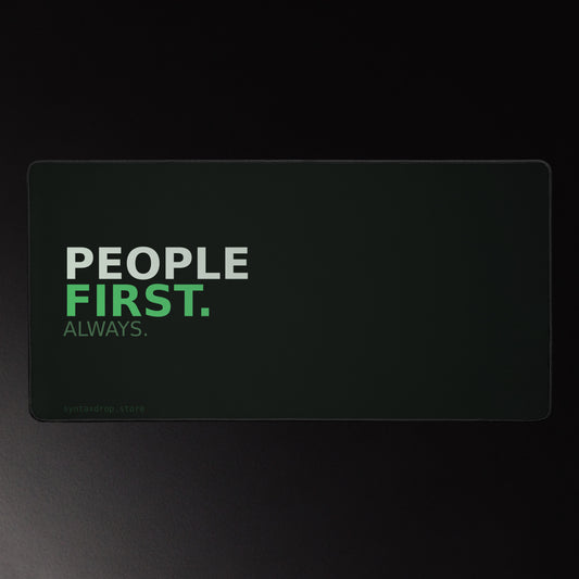 HR professional desk mat on dark green-black background with bold white and emerald green typographic design