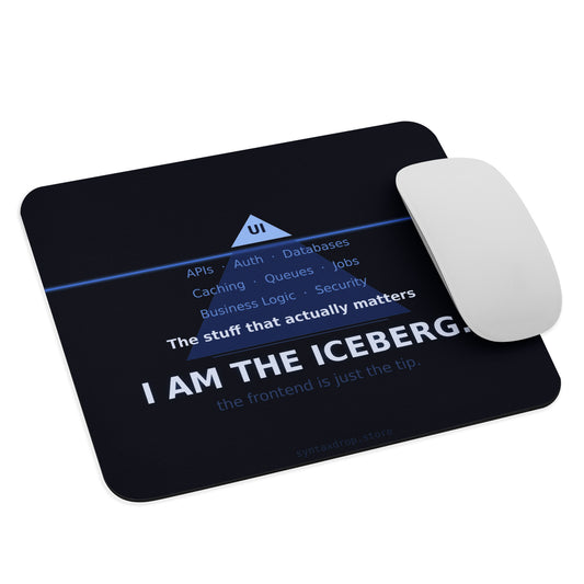 Backend developer mouse pad with iceberg diagram showing UI tip and backend layers in blue on dark navy background