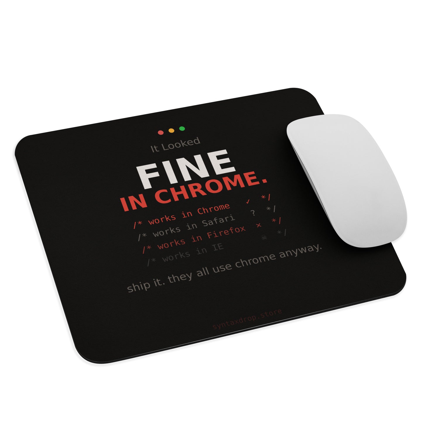 Frontend developer mouse pad on black background with browser compatibility code comments and bold white and red typography