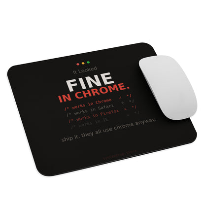 Frontend developer mouse pad on black background with browser compatibility code comments and bold white and red typography