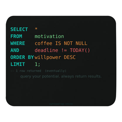 SQL query motivational mouse pad with syntax-highlighted SELECT statement on dark terminal background for database developers
